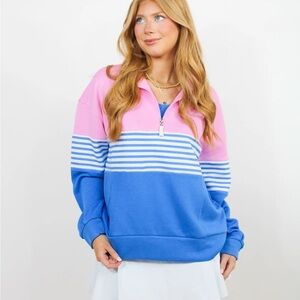 Addison Bay Soft Luxe Varsity Quarter Zip BUBBLE GUM CERULEAN Pink Blue Sz S